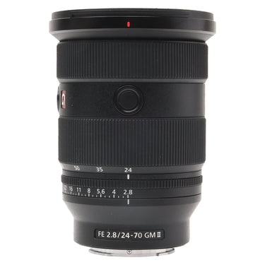 Sony FE 24-70mm f2.8 GM II standing upright, front up, showing FE 2.8/24-70 GM II label