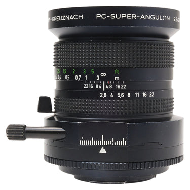 Schneider PC-Super-Angulon 28mm f2.8 side view with shift knob and aperture scale