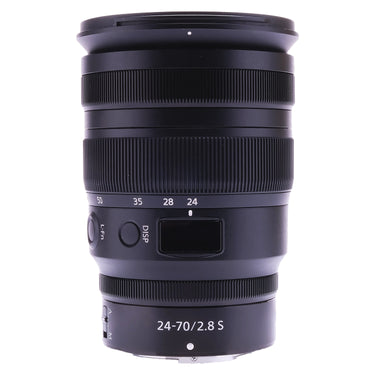 Nikon Z 24-70mm f2.8 S front view with hood attached, control panel and zoom scale