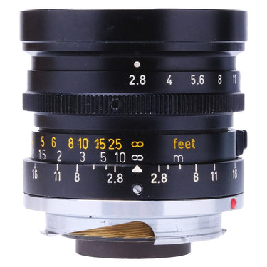 Leica Elmarit 28mm f2.8 side view showing aperture and depth-of-field scales