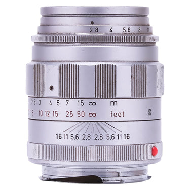 Leica 90mm f2.8 Tele-Elmarit front barrel showing aperture scale and depth-of-field markings
