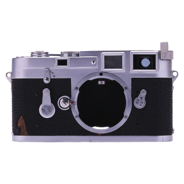 Leica M3 DS front view with lens mount open, chrome top plate and cracked leatherette at lower left corner