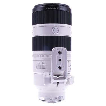 Sony FE 70-200mm f2.8 GM OSS II rear side view with tripod collar foot and serial number 1955873