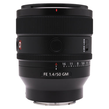 Sony FE 50mm f1.4 GM front three-quarter view showing focus ring, iris lock switch and FE 1.4/50 GM label
