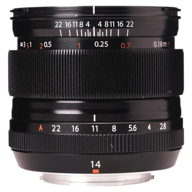 Fujifilm XF 14mm f2.8 R side view showing focus and aperture rings and distance scale