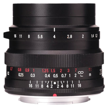 Voigtlander 23mm f1.2 Nokton front view showing aperture and focus scales