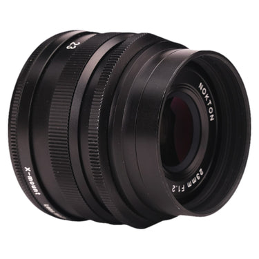 Voigtlander 23mm f1.2 Nokton angled rear view showing X-mount and front element