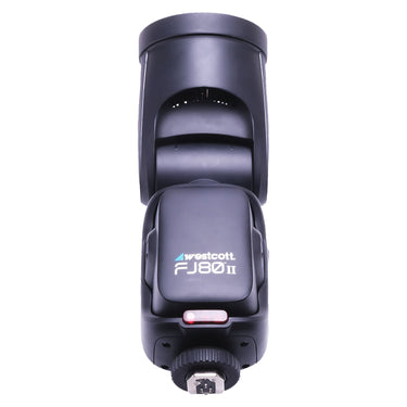 Westcott FJ80 II speedlight rear view with tilted head and hot shoe foot