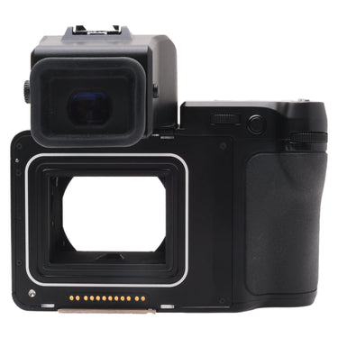 Phase One XF rear view showing digital back mount and prism finder eyepiece