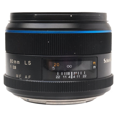 Phase One Schneider 80mm f2.8 LS Blue Ring lens front side view with distance scale and 80mm LS 1:2.8 markings