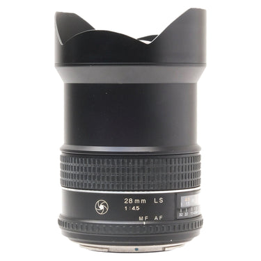 Phase One 28mm f4.5 LS Asph lens front view with petal hood and 28mm LS markings