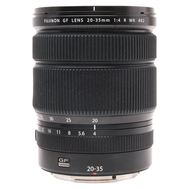 Fujifilm GF 20-35mm f4 R WR lens standing upright showing barrel, zoom and aperture markings