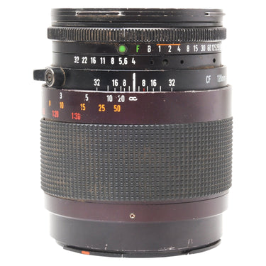 Hasselblad CF 120mm f4 Makro-Planar side view with aperture, shutter speed, and focus scales