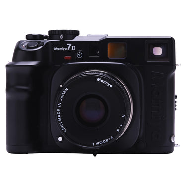 Mamiya 7II black medium format rangefinder front view with N 80mm f4 L lens