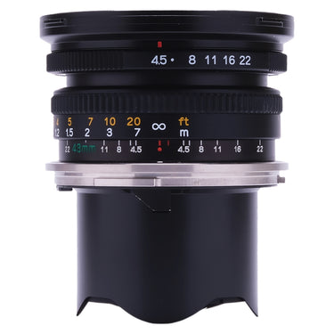Mamiya 7 43mm f4.5 L lens side view showing aperture and distance scales