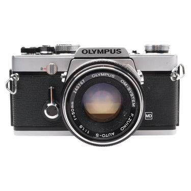 Olympus OM-1 front view with 50mm f1.8 F.Zuiko Auto-S lens mounted