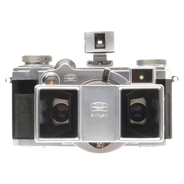 Contax IIa front with Zeiss Stereotar C stereo lens and accessory finder mounted