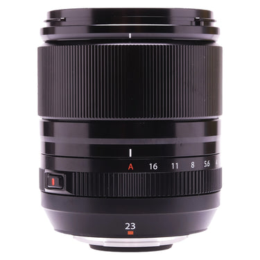 Fujifilm XF 23mm f1.4 R LM WR lens standing upright showing aperture ring and 23mm markings