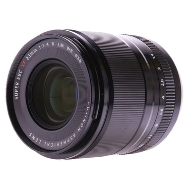 Fujifilm XF 23mm f1.4 lens angled front element with SUPER EBC XF 58mm markings