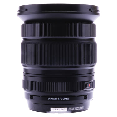Fujifilm XF 16-55mm f2.8 side view showing weather-resistant barrel and serial label 5CB00229