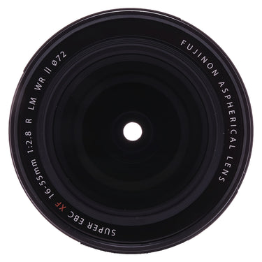 Fujifilm XF 16-55mm front element with SUPER EBC markings and aperture nearly closed