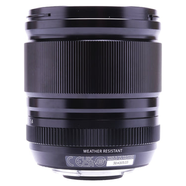 Fujifilm XF 18mm f1.4 R LM WR opposite side with serial number and weather-resistant marking