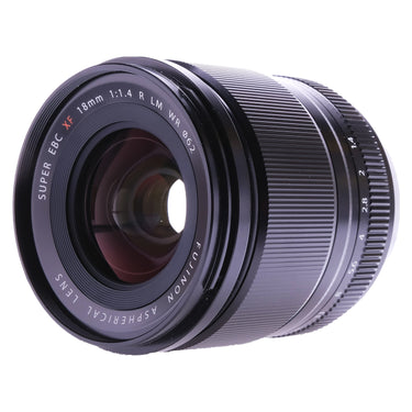 Fujifilm XF 18mm f1.4 R LM WR front three-quarter view with aperture scale