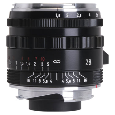 Voigtlander 28mm f1.5 Nokton Black Paint front barrel with aperture and focus depth-of-field scales