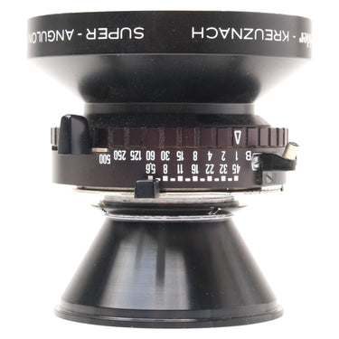 Schneider Super Angulon 65mm f5.6 in Compur shutter, top view with speed and aperture scales