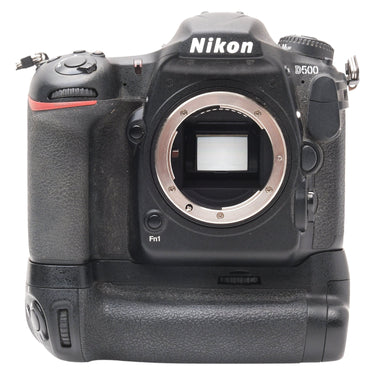 Nikon D500 front with MB-D17 grip, bare lens mount and sensor exposed
