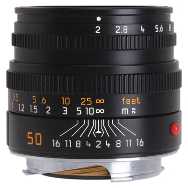 Leica Summicron-M 50mm f2 standing upright showing aperture scale and depth-of-field markings