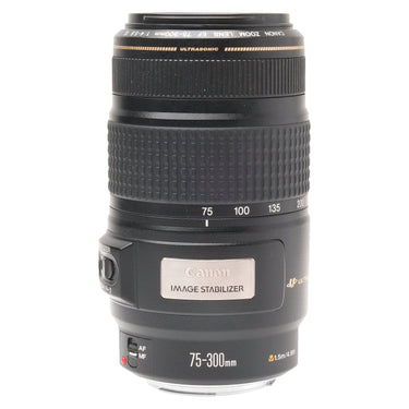 Canon EF 75-300mm IS USM lens standing upright, barrel markings and Image Stabilizer badge