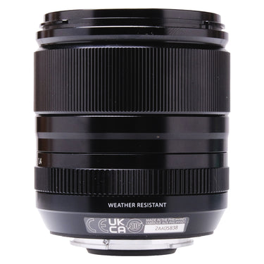 Fujifilm XF 33mm f1.4 R LM WR side view showing Weather Resistant text and serial label 2AA05838