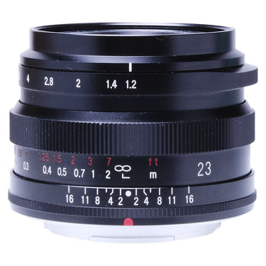 Voigtlander Nokton 23mm f1.2 with hood, front view showing aperture and distance scales