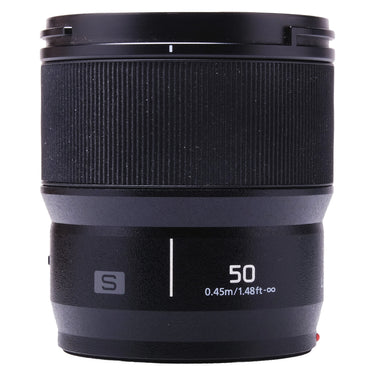 Panasonic Lumix S 50mm f/1.8 lens side view showing focus ring and 50 distance marking