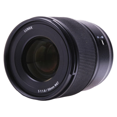 Panasonic Lumix S 50mm f/1.8 angled front view with front glass and AF/MF switch