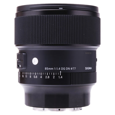 Sigma 85mm f1.4 DG DN Art lens upright, hood and front cap mounted, serial 55060703 engraved on barrel