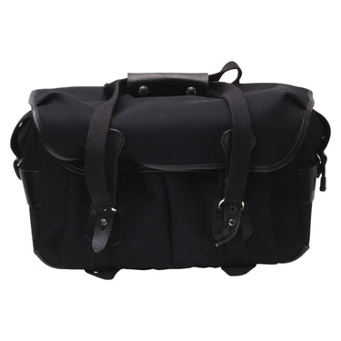Billingham 207 black camera bag front view with leather straps and buckles