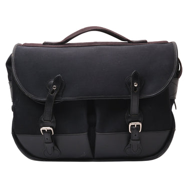Billingham Eventer black canvas bag front view with leather buckle straps and front pockets