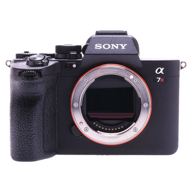 Sony A7R V front view with bare E-mount, exposed sensor and grip
