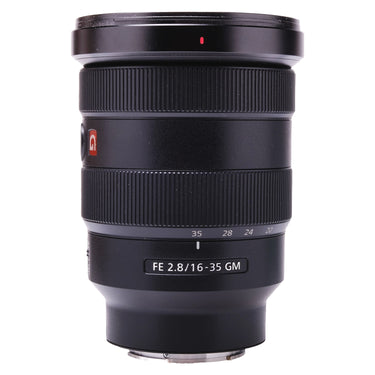 Sony FE 16-35mm F2.8 GM front barrel with lens hood, zoom ring and focal length markings