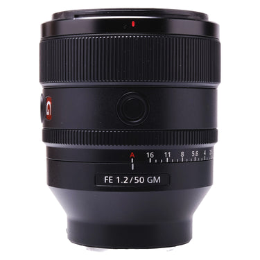 Sony FE 50mm f1.2 GM front barrel with aperture scale and FE 1.2/50 GM label