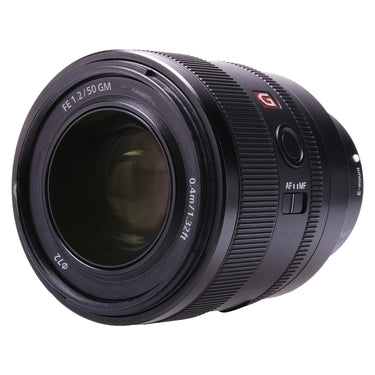Sony FE 50mm f1.2 GM angled front view with G badge and AF/MF switch