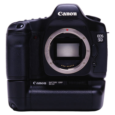 Canon EOS 5D front view with lens mount open and BG-E4 battery grip attached