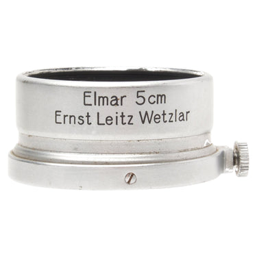 Leica FISON silver lens hood, side view with Elmar 5cm Ernst Leitz Wetzlar engraving and locking screw