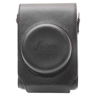 Leica D-Lux 8 black leather camera case front view with embossed Leica logo