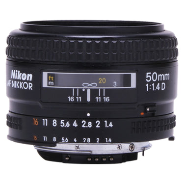 Nikon 50mm f1.4 AF Nikkor D front view showing distance scale and aperture ring