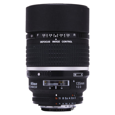 Nikon 135mm f2 AF DC-Nikkor D front view showing DC ring, focus and aperture rings, and rear mount