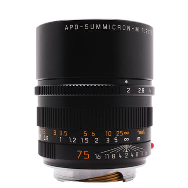 Leica APO-Summicron-M 75mm f2 ASPH front barrel showing aperture and focus distance scales