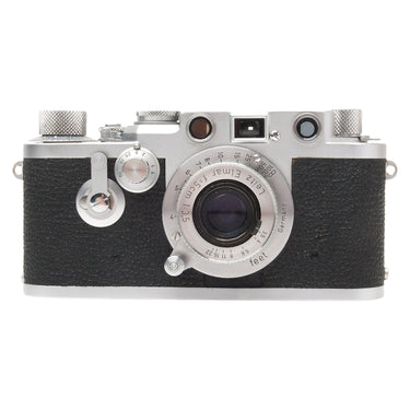 Leica IIIf Red Dial front with collapsible 5cm f3.5 Elmar lens and rangefinder windows